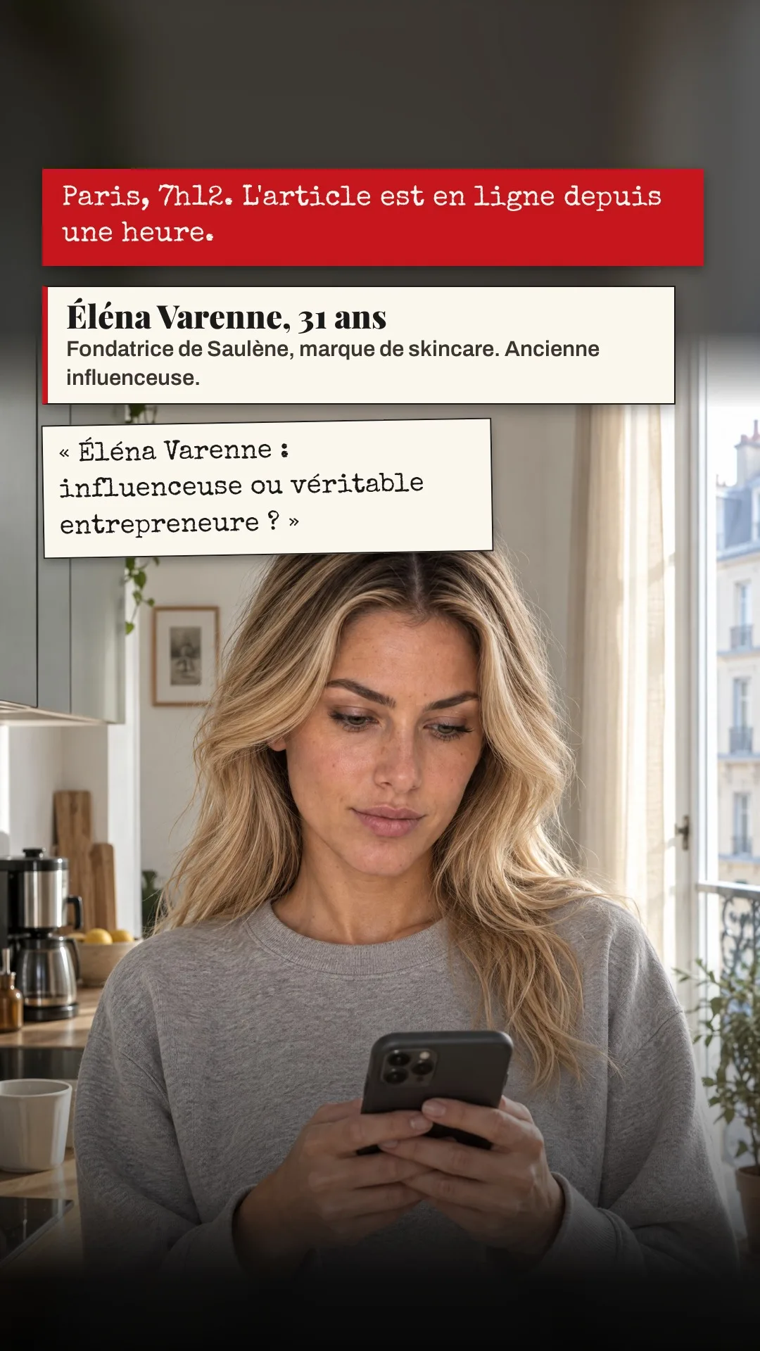 Planche 2 : Paris, 7 h 12. L'article est en ligne depuis une heure. — Encadré : Éléna Varenne, 31 ans. Fondatrice de Saulène, marque de skincare. Ancienne influenceuse. — « Éléna Varenne : influenceuse ou véritable entrepreneure ? »