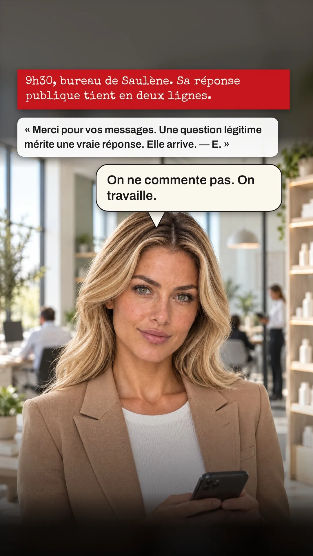 Planche 3 : 9 h 30, bureau de Saulène. Sa réponse publique tient en deux lignes. — Encadré : « Merci pour vos messages. Une question légitime mérite une vraie réponse. Elle arrive. — E. »