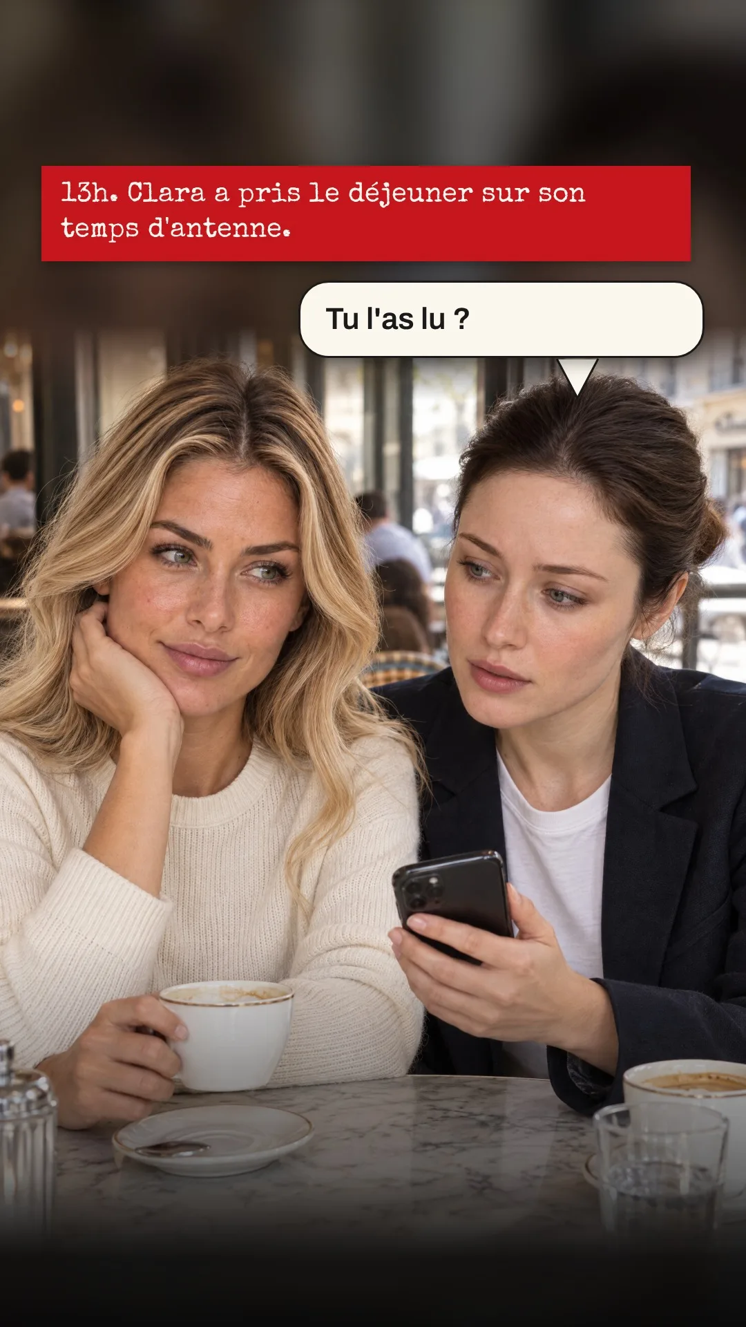 Planche 5 : 13 h. Clara a pris le déjeuner sur son temps d'antenne. — Clara : Tu l'as lu ? — Éléna : Trois fois. C'est une bonne question. Je vais y répondre avec des chiffres. — Clara : Tu dis ça comme si ça ne te touchait pas. — Éléna : Ça ne me touche pas.