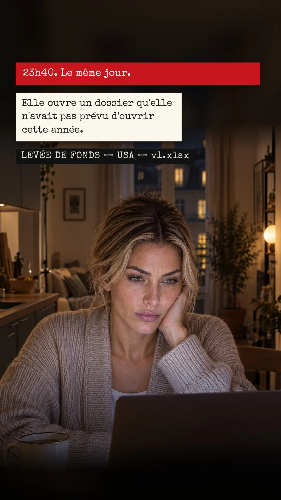 Planche 9 : 23 h 40. Le même jour. — Elle ouvre un dossier qu'elle n'avait pas prévu d'ouvrir cette année. — Encadré : LEVÉE DE FONDS — USA — v1.xlsx