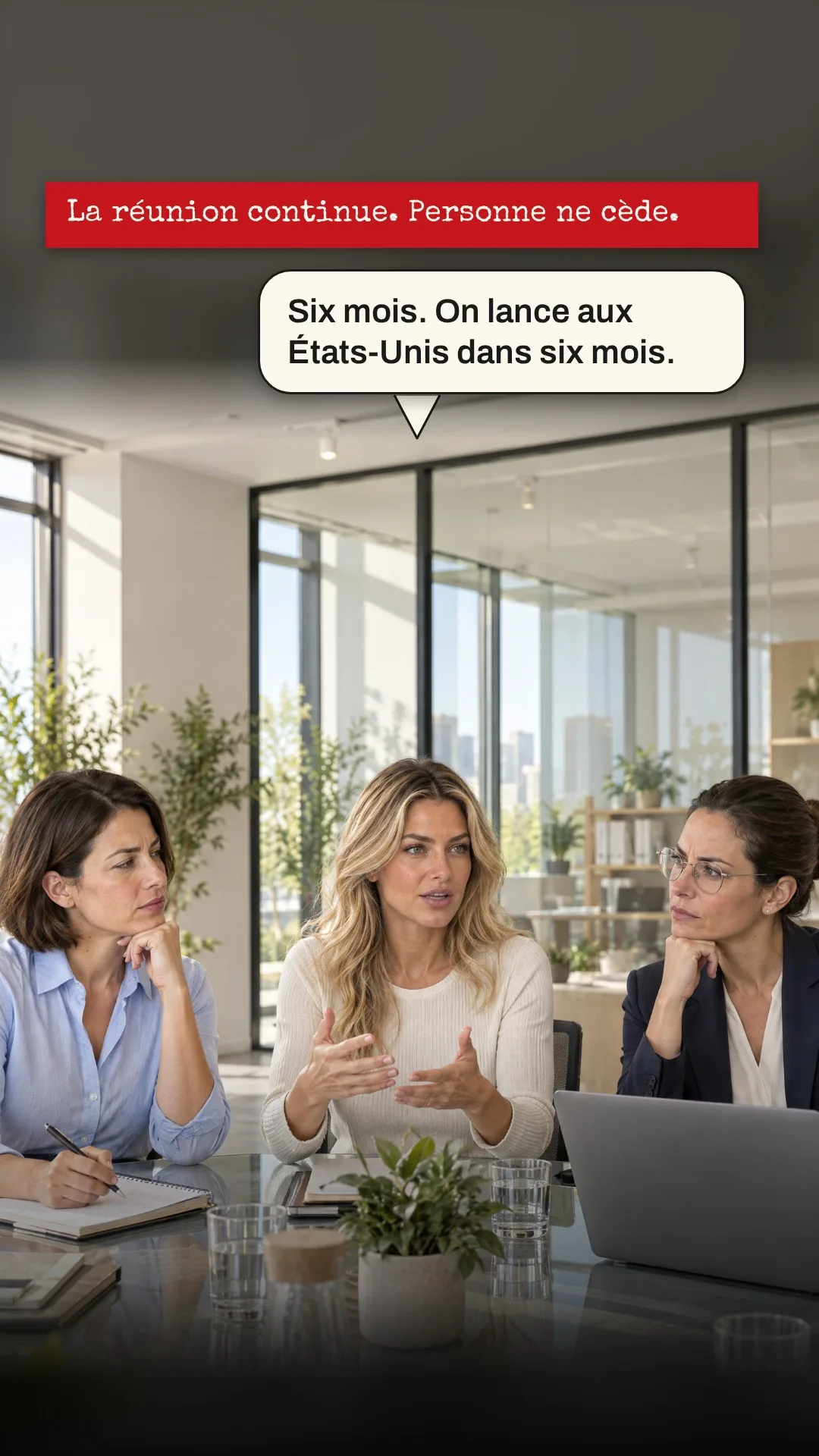 Planche 5 : La réunion continue. Personne ne cède. — Éléna : Six mois. On lance aux États-Unis dans six mois. — Inès : Avec quel argent ? — Éléna : Celui qu'on va lever. — Nadia : Et si la levée prend plus de six mois ?