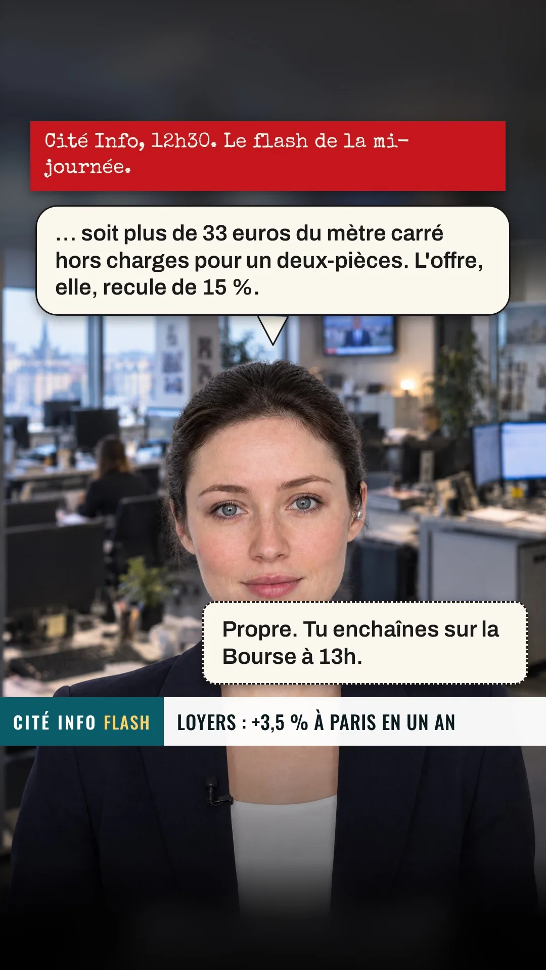 Planche 4 : Cité Info, 12 h 30. Le flash de la mi-journée. — Roger : Propre. Tu enchaînes sur la Bourse à 13 h.